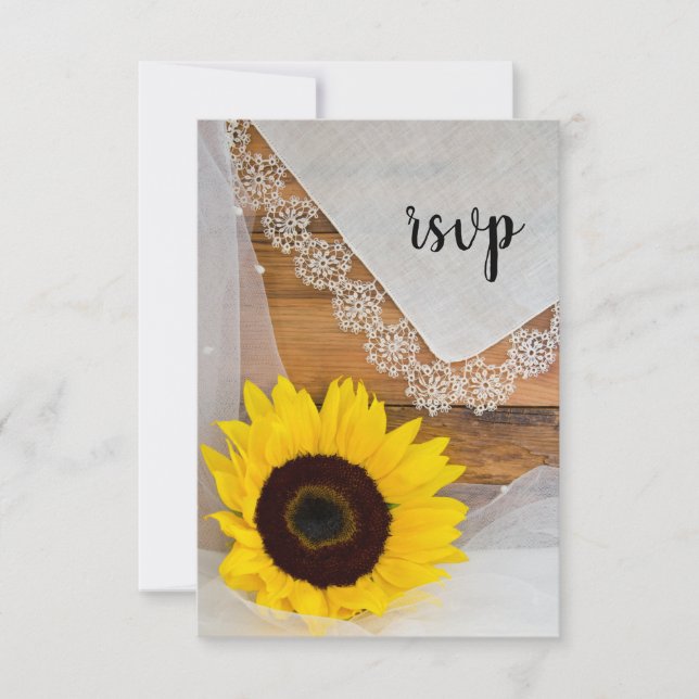 Tarjeta RSVP de boda campestre de girasol y encaje (Anverso)