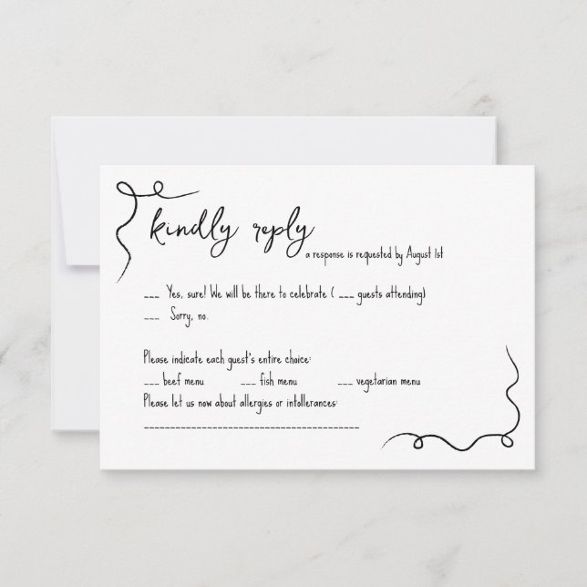 Tarjeta RSVP de boda captada a mano y caprichosa (Anverso)