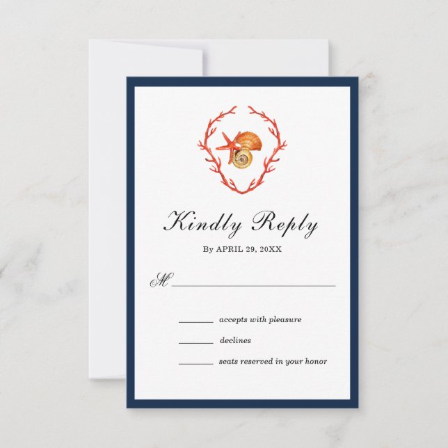 Tarjeta RSVP de boda con acuarela de Seashels (Anverso)