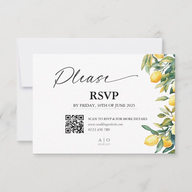 Tarjeta RSVP de boda con código QR - Lemons, Itali (Anverso)