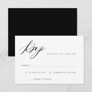 tarjeta RSVP de boda con letras en blanco y negro