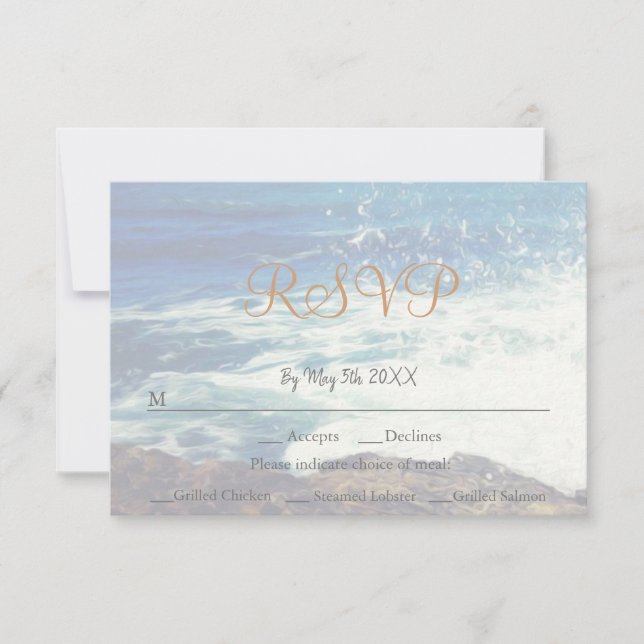 Tarjeta RSVP de boda costera con temas de playa (Anverso)