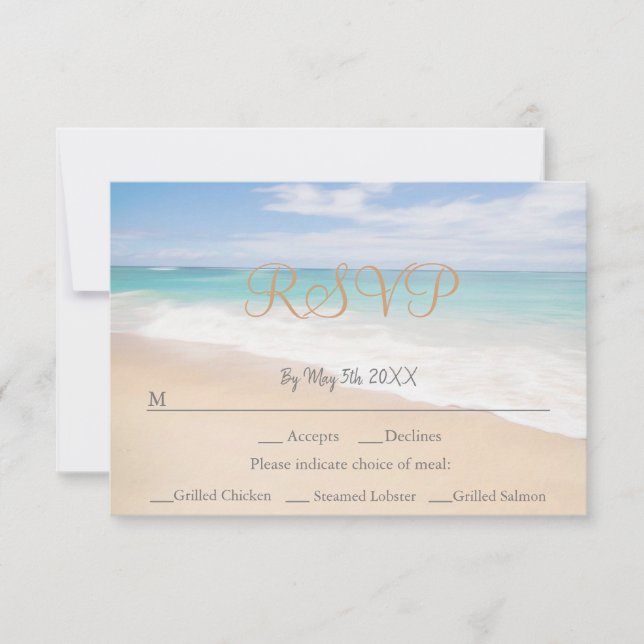 Tarjeta RSVP de boda costera con temas de playa (Anverso)