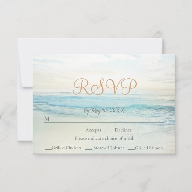 Tarjeta RSVP de boda costera con temas de playa (Anverso)
