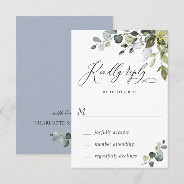Tarjeta RSVP de Boda de Agua Eucalyptus Greenery W (Anverso / Reverso)