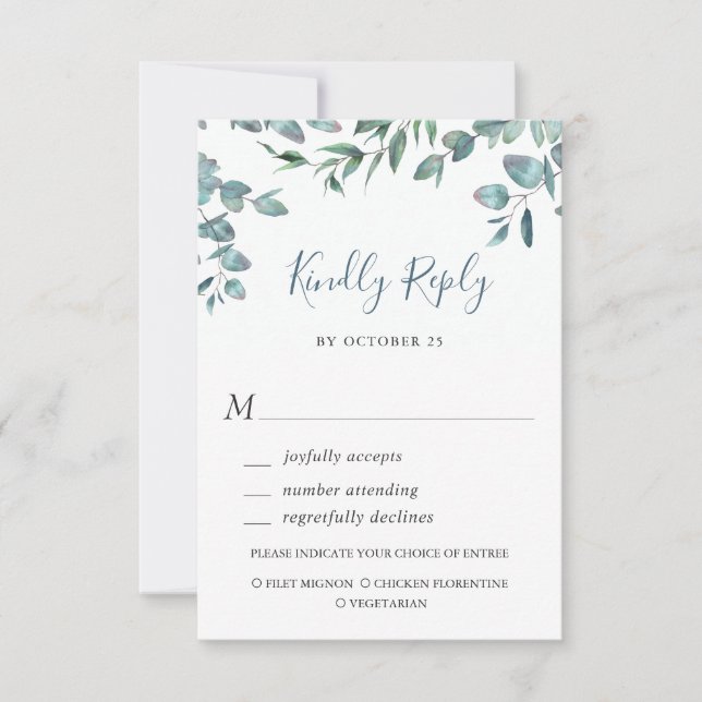 Tarjeta RSVP de Boda de Agua Eucalyptus Greenery W (Anverso)