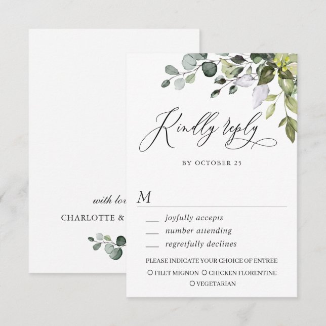 Tarjeta RSVP de Boda de Agua Eucalyptus Greenery W (Anverso / Reverso)