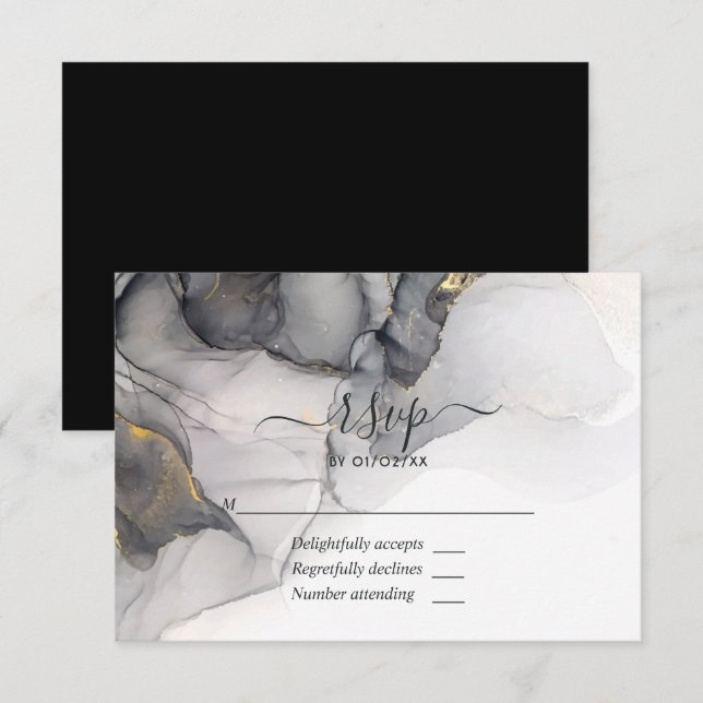 Tarjeta RSVP de Boda de Alcohol Negra y Oro (Anverso / Reverso)