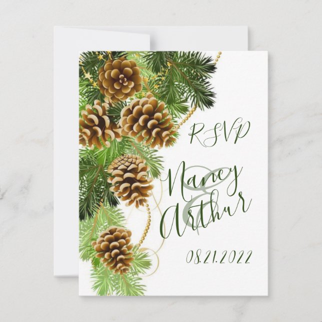 Tarjeta RSVP de Boda de Arbol de Pino y Cones de P (Anverso)