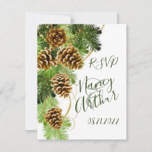 Tarjeta RSVP de Boda de Arbol de Pino y Cones de P