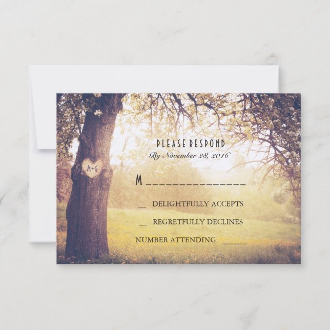 Tarjeta RSVP de boda de árbol del corazón (Anverso)