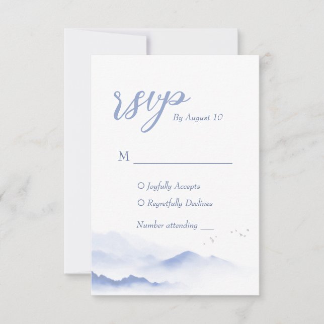 Tarjeta Rsvp de boda de aves y montañas azules (Anverso)