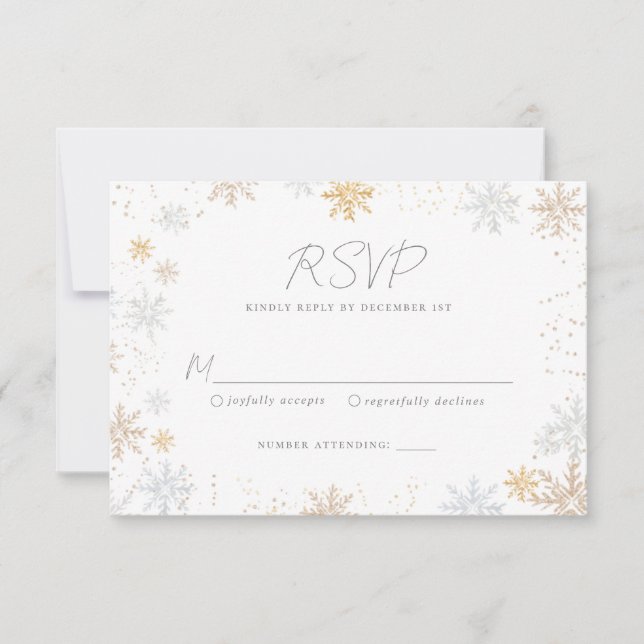 Tarjeta RSVP de Boda de Boda de Snowflakes de Oro  (Anverso)