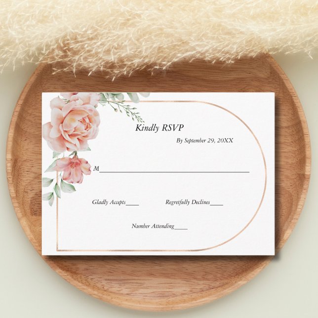 Tarjeta RSVP de Boda de borde de arco floral de co (Peach Floral Rose Gold Arch Modern Elegant Wedding RSVP card)