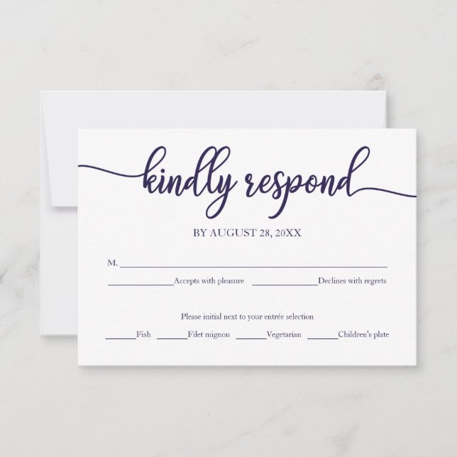 Tarjeta RSVP de boda de caligrafía azul de la mari (Anverso)