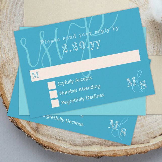 Tarjeta RSVP de boda de caligrafía blanca cian (turquoise cyan aqua aquamarine rsvp card elegant calligraphy script wedding return reply card)
