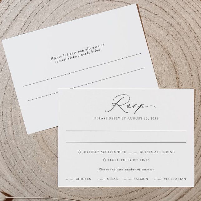 Tarjeta RSVP de boda de caligrafía delgada (Modern RSVP card with calligraphy and meal choices—includes space for guest allergies on back.)