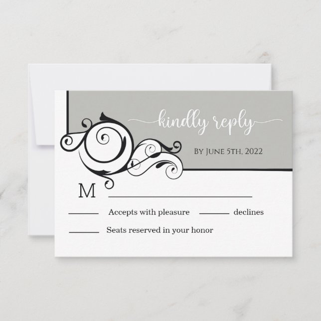Tarjeta RSVP de boda de caligrafía gris elegante (Anverso)