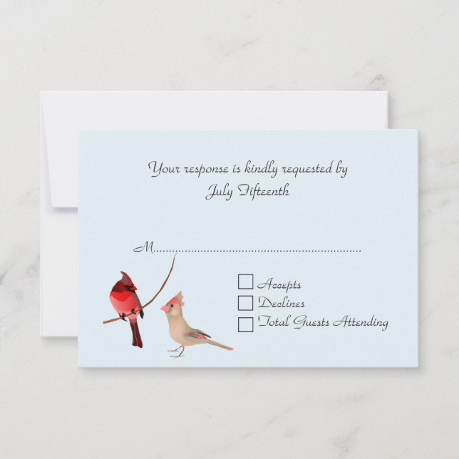Tarjeta RSVP de boda de cardenales rojos (Anverso)