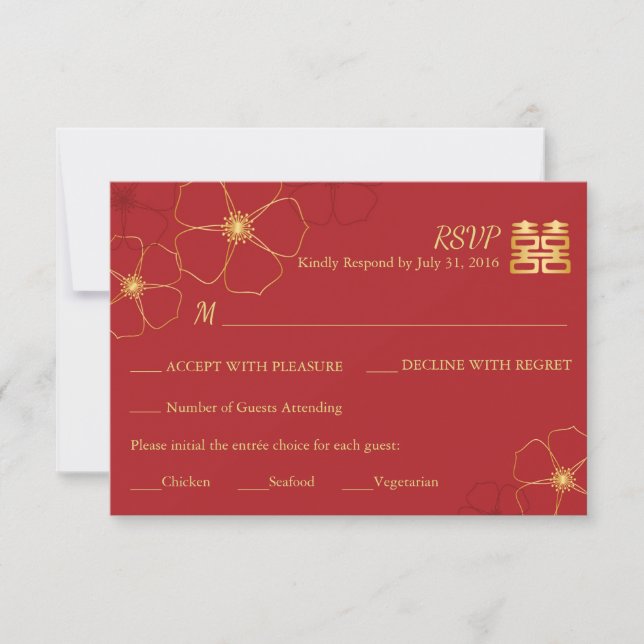 Tarjeta RSVP de Boda de Cerezo Rojo y Oro (Anverso)