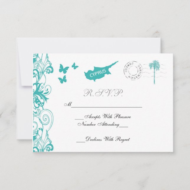 Tarjeta RSVP De Boda De Chipre En Aqua Y Blanco (Anverso)