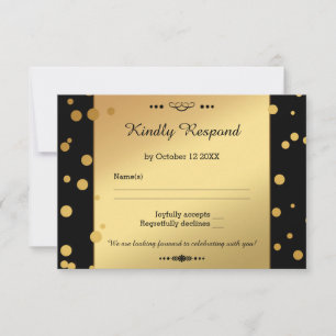 Tarjeta RSVP de Boda de Confetti dorada y negra