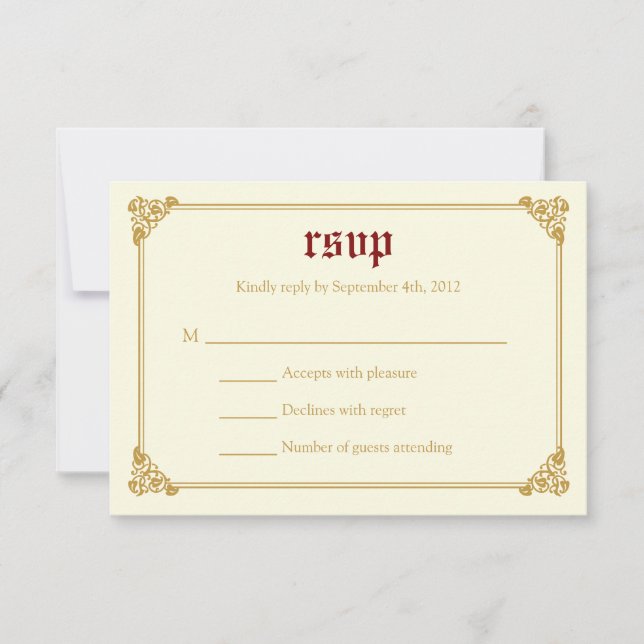 Tarjeta RSVP de Boda de cuento de hadas - Rojo/Oro (Anverso)