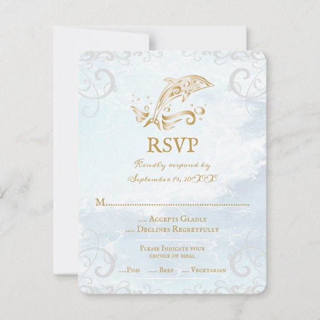 Tarjeta RSVP de Boda de Delfines de Oro (Anverso)