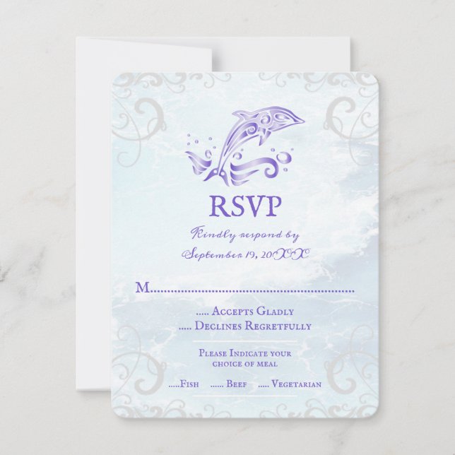 Tarjeta RSVP de boda de delfines púrpura (Anverso)