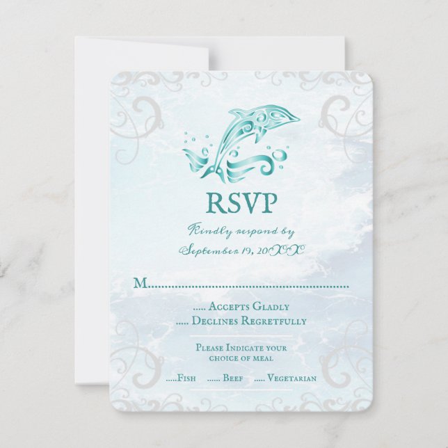 Tarjeta RSVP de boda de delfines verde azulada (Anverso)