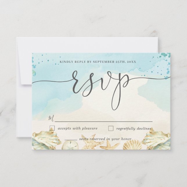 Tarjeta RSVP de boda de destino de moda Beach (Anverso)
