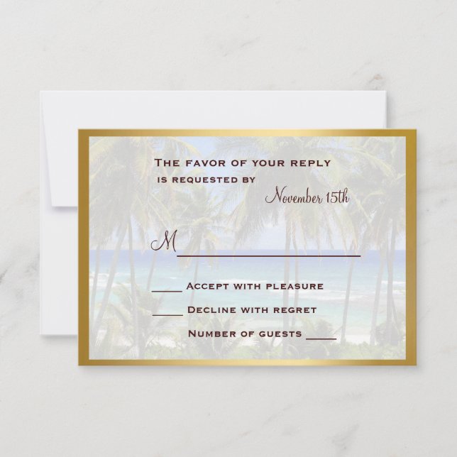 Tarjeta RSVP de boda de destino tropical (Anverso)