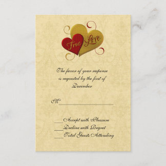 Tarjeta RSVP de Boda de Doble Corazón Rojo y Oro