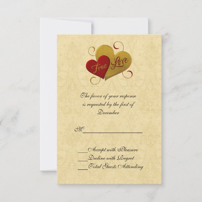 Tarjeta RSVP de Boda de Doble Corazón Rojo y Oro (Anverso)