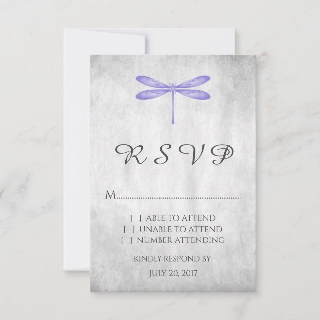 Tarjeta RSVP de Boda de Dragonfly Púrpura (Anverso)
