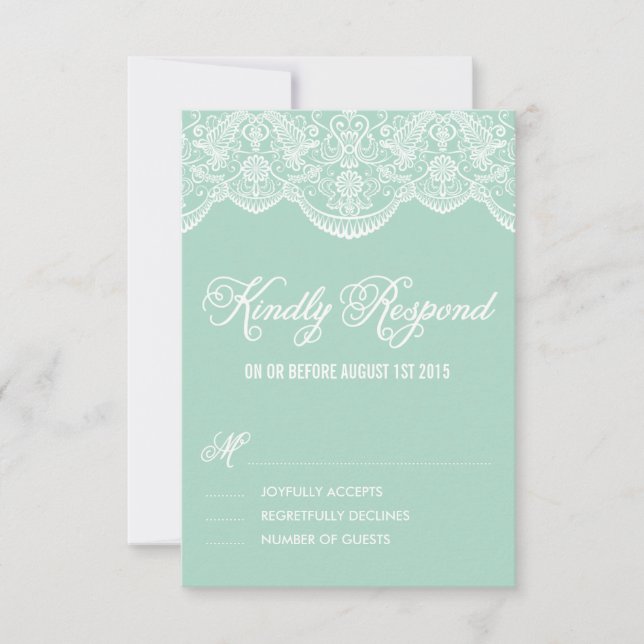 Tarjeta RSVP de boda de encaje de Mint Brocade (Anverso)