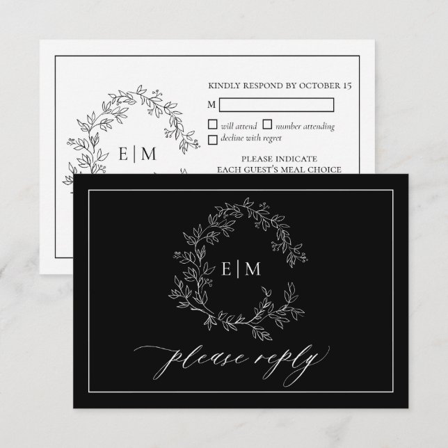 Tarjeta RSVP de Boda de Escudo de Leafy Blanco Neg (Anverso / Reverso)