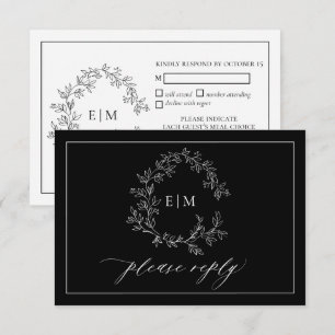 Tarjeta RSVP de Boda de Escudo de Leafy Blanco Neg