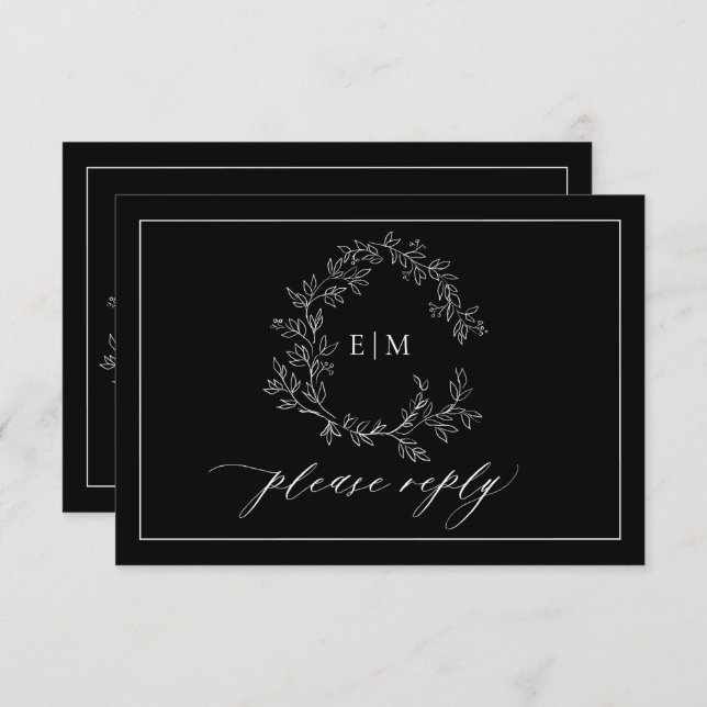 Tarjeta RSVP de Boda de Escudo de Leafy Blanco Neg (Anverso / Reverso)