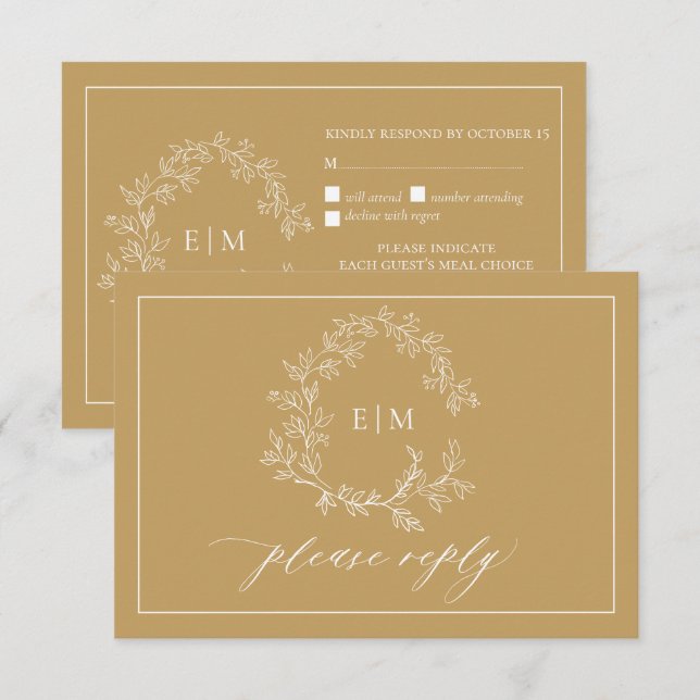 Tarjeta RSVP de Boda de Escudo de Leafy de Oro (Anverso / Reverso)