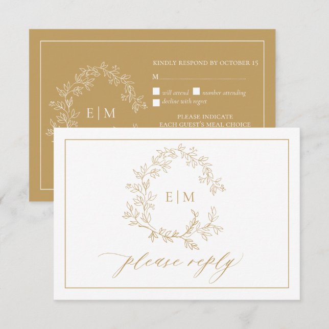 Tarjeta RSVP de Boda de Escudo de Leafy de Oro (Anverso / Reverso)