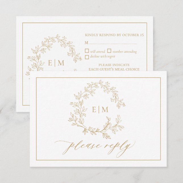 Tarjeta RSVP de Boda de Escudo de Leafy de Oro (Anverso / Reverso)