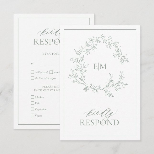 Tarjeta RSVP de Boda de Escudo de Leafy Verde Sage (Anverso / Reverso)