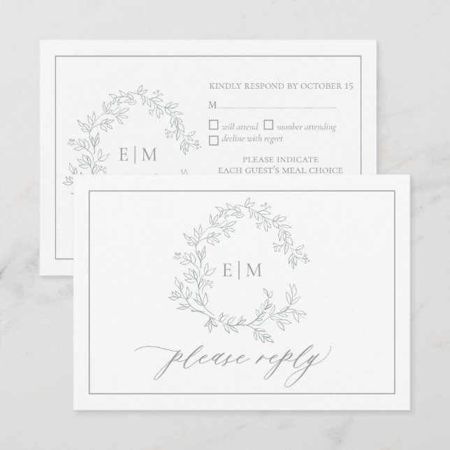 Tarjeta RSVP de Boda de Escudo de Leafy Verde Sage (Anverso / Reverso)