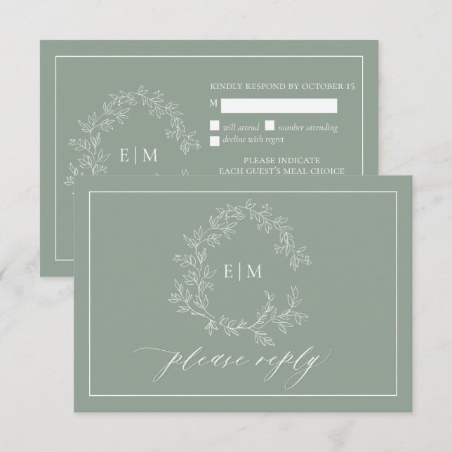 Tarjeta RSVP de Boda de Escudo de Leafy Verde Sage (Anverso / Reverso)