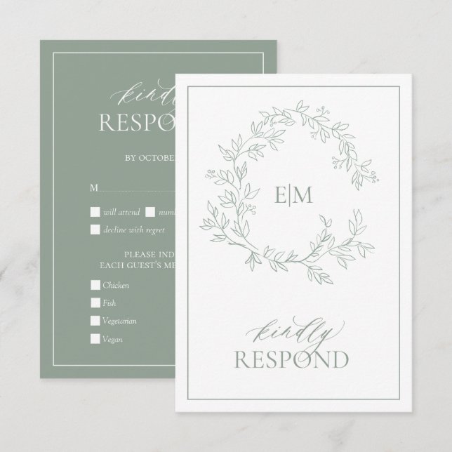 Tarjeta RSVP de Boda de Escudo de Leafy Verde Sage (Anverso / Reverso)