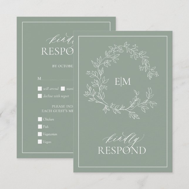 Tarjeta RSVP de Boda de Escudo de Leafy Verde Sage (Anverso / Reverso)