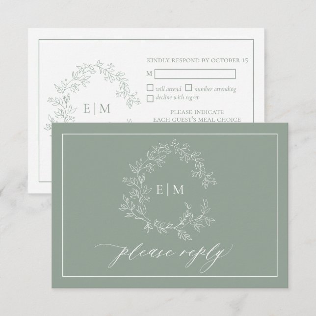 Tarjeta RSVP de Boda de Escudo de Leafy Verde Sage (Anverso / Reverso)