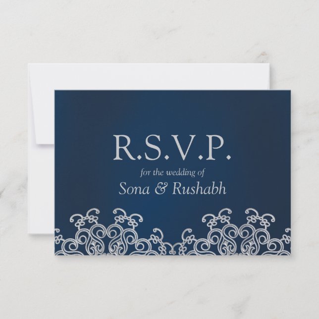Tarjeta RSVP de boda de estilo hindú de plata y ma (Anverso)