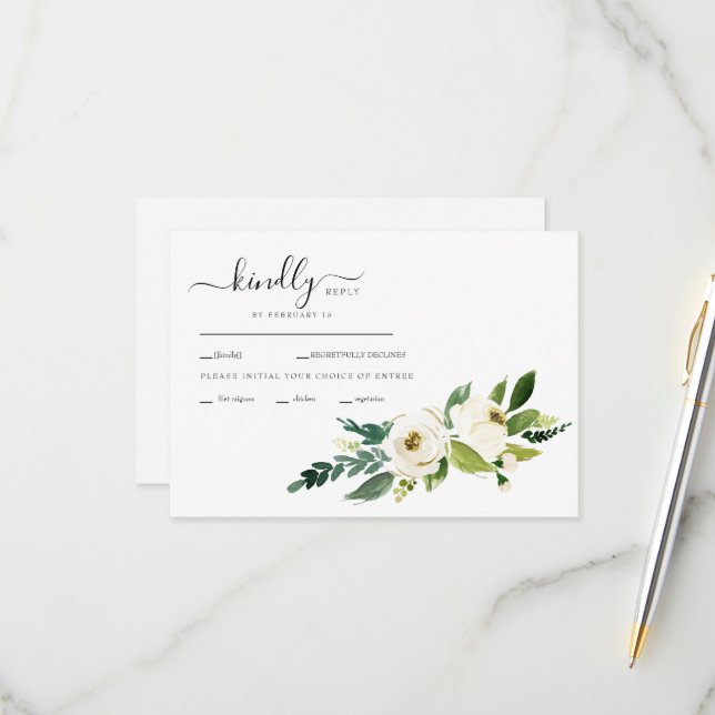 Tarjeta RSVP de Boda de Flores Blancas Swash Weddi (Anverso/Reverso In Situ)